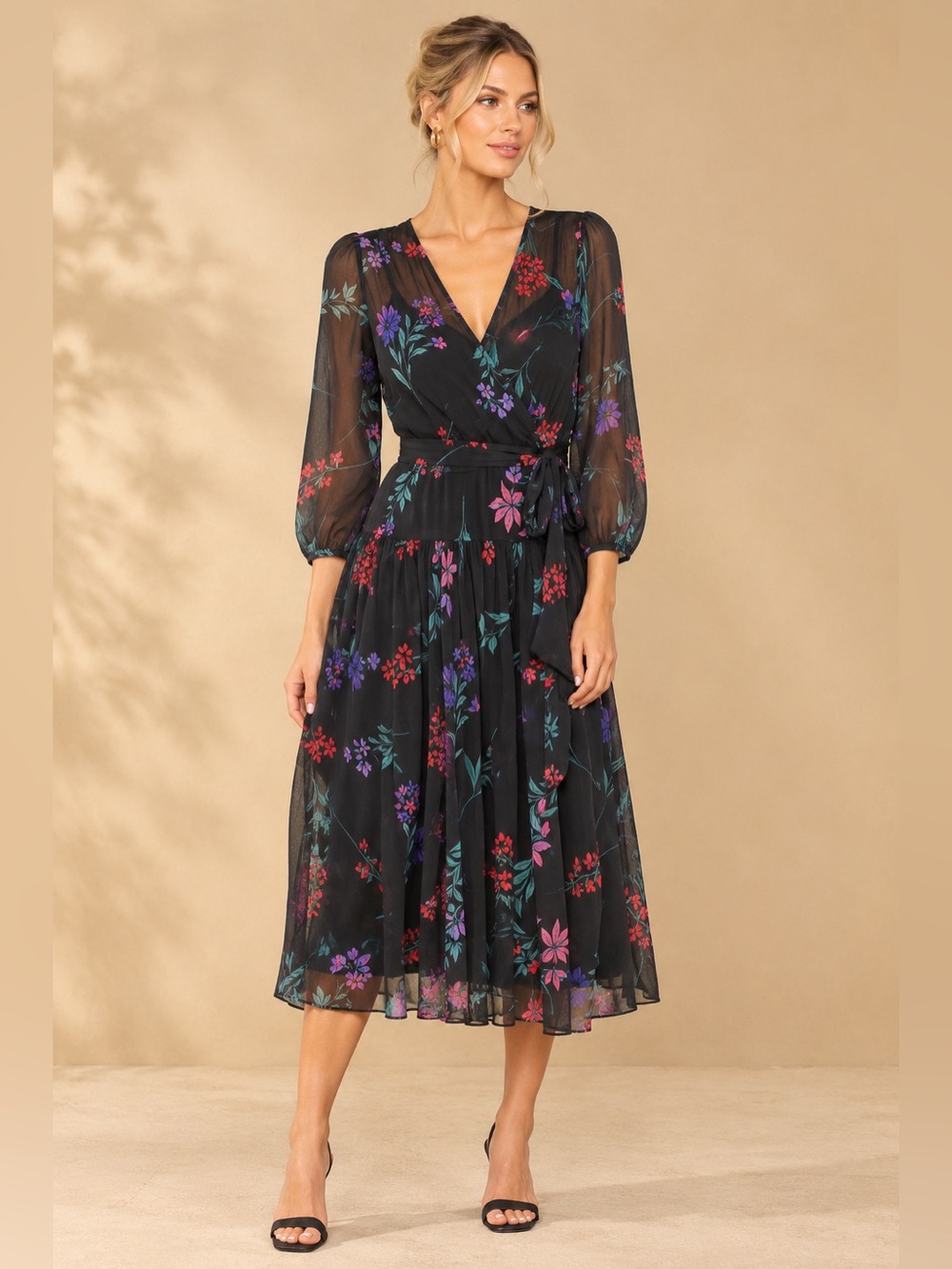 Calvin Klein Chiffon Multicolor Floral Black Long Sleeve Dress NEW Size 8
